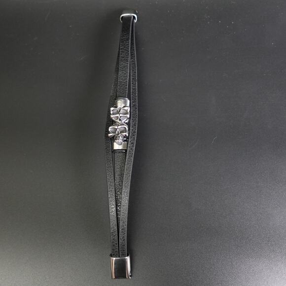 Stainless Steel Leather Bracelet W/ Skulls Accent SBR-788 - Picture 8 of 9